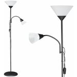 Lampadaire simple avec liseuse Alissa Noir/Blanc hauteur 175 cm Lampe orientable sur pied Éclairage intérieur salon bureau Noir