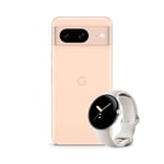 Google Pixel 8 – Unlocked Android smartphone with advanced Pixel Camera, 24-hour battery and powerful security – Rose, 128GB Smartwatch, Silver with Chalk Strap