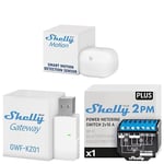 Shelly Plus 2PM + Shelly BLU Motion + Shelly BLU Gateway Bundle - Kit domotique avec Interrupteur volet Roulant connecté, Capteur de Mouvement et Passerelle Bluetooth to Wi-FI