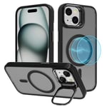 YIRSUR Magnetic for iPhone 15 Case, [Compatible with MagSafe] Built-In Camera Stash Stand Phone Case, Shockproof Translucent Matte Back Protective for iPhone 15 Phone Case Cover- Black