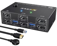 8K Displayport KVM Switch 2 Monitors 2 Computers 8K@30Hz 4K@144Hz, MLEEDA Dual Monitor KVM Switch for 2 Computers Share 2 Monitors and 4 USB 3.0 Device,Wired Remote and 4 Cables Included