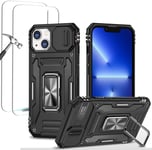 Antichoc Coque Para Iphone 13 6.1',Tpu+Pc Housse Protection De Qualité Militaire Avec Lentille Coulissante Couverture/2* Verre Trempé,Compatible Support De Voiture Magnétique-Le Noir