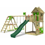 Fatmoose - Aire de jeux Portique bois HappyHome avec balançoire SurfSwing et toboggan Maison enfant exterieur avec bac à sable, échelle d'escalade &