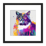 Abstract Cat Vibrant Iridescent Colour Spray Drip Painting Square Wooden Framed Wall Art Print Picture 8X8 Inch