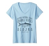 Womens BROOKS RIVER ALASKA in the KATMAI NP, a Fishing Retro Design V-Neck T-Shirt