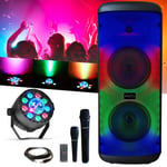 MOOVING SOUND - Enceinte Bluetooth sur batterie Karaoke 600W ELECTRO-SOUND600 TWS USB - 2 Micros - Projecteur Par Astro Ibiza
