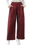 CUPSHE Pantalon large taille haute pour femme 100 % coton élégant plissé avec poches confortable pour le bureau ou tenue décontractée automne/hiver, rouge bordeaux, M