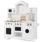 COSTWAY Cuisine Enfants en Forme Maison avec Horloge, Cuisiniere Enfants avec Lumière & Effet Sonore, Machine à Laver, Micro-Ondes et Évier, Jeu de Cuisine pour Garçons Filles de 3 Ans+…