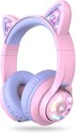 iClever Bluetooth Kids Headphones BTH13 Cat Ear LED Light Up Wireless 50Hr