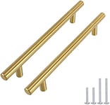 goldenwarm Lot de 5 Poignee de Meuble Cuisine Dore Poignée Dorée Poignée Placard Laiton -LS201GD128 Laiton Brossé Poignée Tiroir Laiton en Acier Inoxydable Entraxe 128mm