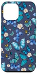 Coque pour iPhone 15 Pro Max Papillons bleus sur bleu marine avec fleurs vintage