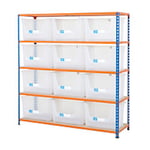 BiGDUG Premium Large Stacking Pick Bin Kit with 5 Levels and 12 Transparent Bins Chipboard, Steel 1600 x 1525 x 455 mm Blue, Orange