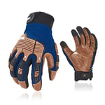 Vgo... Gants de travail en cuir, gants de mécanicien, gants de sécurité, gants hyfrofuges, anti-vibration, résistant à l'eau(CA7725IPWR,Bleu,8/M,1Paire)