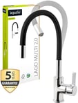 AquaSu® 795913 Lago Multi 2.0 Robinet de cuisine avec buse mélangeur à économie d'eau, position eau froide, robinet d'évier en chrome/noir, bec malléable et orientable, fixation par le haut