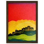 Modern Edinburgh Castle Vibrant Rainbow Colour Sunset Scottish Cityscape Coral Yellow Green Blue Artwork Framed Wall Art Print A4