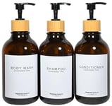 Shampoo and Conditioner Bottles, Apothecary Dispenser Bamboo Pump, Refillable Shampoo Bottles for Shampoo Lotion Oil Shower Soap Hand Soap and Dish Soap, Plastic Amber Set (Amber)