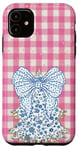 iPhone 11 Cute Pink Checkered Christmas Tree Preppy Xmas Bow Toile Case