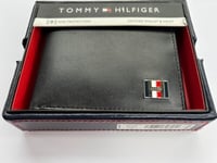 TOMMY HILFIGER BLACK LEATHER BIFOLD WALLET NEW IN GIFT BOX LARGE METAL LOGO RFID