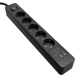 KabelDirekt – Bloc multiprise avec 5 prises (USB, Power Delivery 3.0, charge jusqu’à 3× plus rapide selon l’appareil, protection parafoudre/surtension, testé par TÜV, noir)