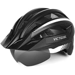 VICTGOAL Casque Velo Homme Casque VTT Montagne avec Visière Magnétique Amovible, Capuchon de Protection Solaire Amovible et éclairage LED Casque Velo Route pour Adulte (XL: 59-63cm, Noir Blanc)