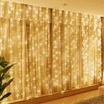 HXWEIYE 300LED Guirlande Lumineuse Rideau Blanc chaud Rideau Lumineux 3m*3m 8 Modes d'Eclairage USB Télécommande avec Minuterie pour Noël, Mariage, Anniversaire, Fenêtre, Maison