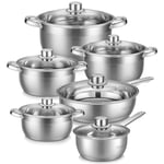 Velaze Cookware Set, Series Motti, 12-Piece Stainless Steel Pot & Pan Sets, Induction Safe, Saucepan, Casserole, pan with Glass lid (Set of 12)