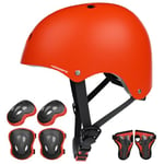 KORIMEFA Casque Vélo Enfant Set de Protection Roller pour Enfants Filles Garçons 3-13 Ans Casque Réglable Coudières Genouillère Protège-Poignets Protection Trottinette Skateboard (Red, M)