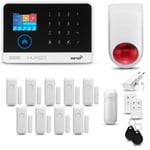 Systeme d'alarme Maison WiFi + GSM, HUXGO HXA003, + Sirène sans Fil, 1X détecteur de Mouvement, 9X capteur de Porte/fenêtre, TUYA