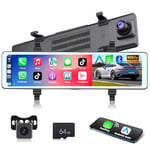 Podofo 11,26" Mirror Dash Cam Dashcam Voiture Rétroviseur avec Apple Carplay Android Auto avec Écran Tactile de Full 1080P, Caméra de Voiture Grand Angle Caméra Avant et Caméra Arrière + Carte 64G