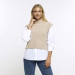 River Island Womens Shirt Hybrid Jumper Beige Long Sleeve High Neck Knitted Top