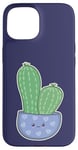 Coque pour iPhone 15 Cactus Kawaii en pot pour les amateurs de plantes succulentes bleu nuit