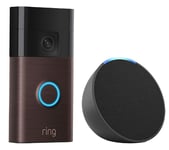 Amazon Battery Video Doorbell (3rd Gen, Venetian Bronze) & Echo Pop (1st Gen, Charcoal) Smart Speaker with Alexa Bundle, Brown