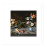 Van Der Ast Still Life Fruit Flowers Painting 8X8 Inch Square Wooden Framed Wall Art Print Picture with Mount