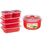 Décor Microsafe Oblong Set 5 pack | 2 x 375ml, 3 x 900ml Microwave Containers & Sistema Microwave Round Bowl - Microwave Food Container - 915 ml - BPA-Free - Red/Clear