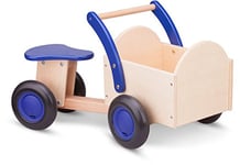 New Classic Toys 11403 Baby Wooden Ride On Trike Toy, Toddlers First Tricycle for One Year Old, Children Scooter for Age 18 Months with 4 Wheels Blue Color, Carrier Bike Naturel