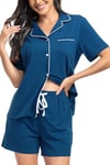 Lovasy Pyjama Coton Femme Short Ensemble Pyjamas Légers Col V Manches Courtes Chic Été 2 Pièces Vêtements de Nuit Court Boutonnée A Bleu L