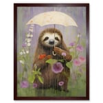 Picking Flowers in the Rain Oil Painting Cute Sloth with an Umbrella in a Wildflower Meadow Kids Bedroom Art Print Framed Poster Wall Decor 12x16 inch