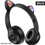 Mignon Chat Oreille Flash Lumiere Over-Ear Casque Écouteurs De Jeu Sans Fil Écouteurs Bluetooth Avec Micro Stéréo Mains Libres Casque Gamer-Noir