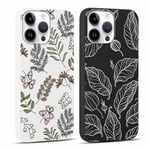 Coalbooliy [2 Pièces Coque pour iPhone 15 Pro 6,1", Souple Silicone Étui Noir Blanc avec Aesthetic Motif Feuille Dessin Ultra Fine Téléphone Housse Antichoc Case Filles Femmes Cover, 03