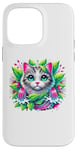 iPhone 14 Pro Max Beloved Cat with Green Leaves Cat Lovers Pink Waterfalls Case