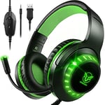 Pacrate Casque Gaming pour PS4/PS5/Xbox One/PC/Nintendo Switch, avec LED Lampe et Stéréo Basse Micro Anti-Bruit - Vert