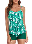 FLYILY Maillot de Bain 2 Pièces Femme Tankini Ensembles à Volants Maillot Haut Imprimé avec Short de Garçon Maillots de Bain Grande Taille(LightGreen,3XL)