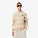 Lacoste Pull coton maille 3D rayé col rond Taille 3XL Beige/blanc