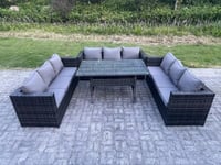 9 Seater Outdoor Wicker Garden Furniture Rattan Lounge Sofa Set Patio Rectangular Dining Table Three Seater Sofa