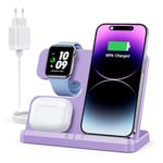 JARGOU Chargeur Induction 3 en 1 pour iPhone 15 14 13 12 11 Pro Max/XR/8/Samsung, Station de Charge pour Apple Watch 9/Ultra 2/SE/8/7/6/5/4, Base Chargeur pour AirPods Pro/3/2 (Violet)