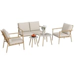 Outsunny Salon de Jardin 5 pièces 4 Personnes avec canapé 2 Places, 2 Table Basse et 2 fauteuils avec Coussins, Plateau en Grain de marbre Cadre en Acier, Blanc Marron