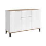 Buffet Ddybal, Buffet de cuisine avec 3 portes et 1 tiroir, Buffet de salon, 120x40h82 cm, Blanc brillant et Erable