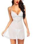 Avidlove Nigligé Babydoll Ensemble de sous-vêtements de Nuit à col en V en Dentelle pour Femme avec String Blanc S