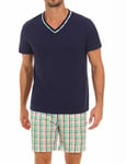 Demegimi Pyjama Homme Été Pyjama Homme Coton Court Ensembles de Pyjama Ete Chemise col V Manches Courtes Pijamas Ensemble Pyjama Estival(Bleu Foncé+Vert,S)