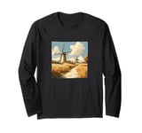 Wheat Fields With Windmills Landscape Vintage Graphic Long Sleeve T-Shirt